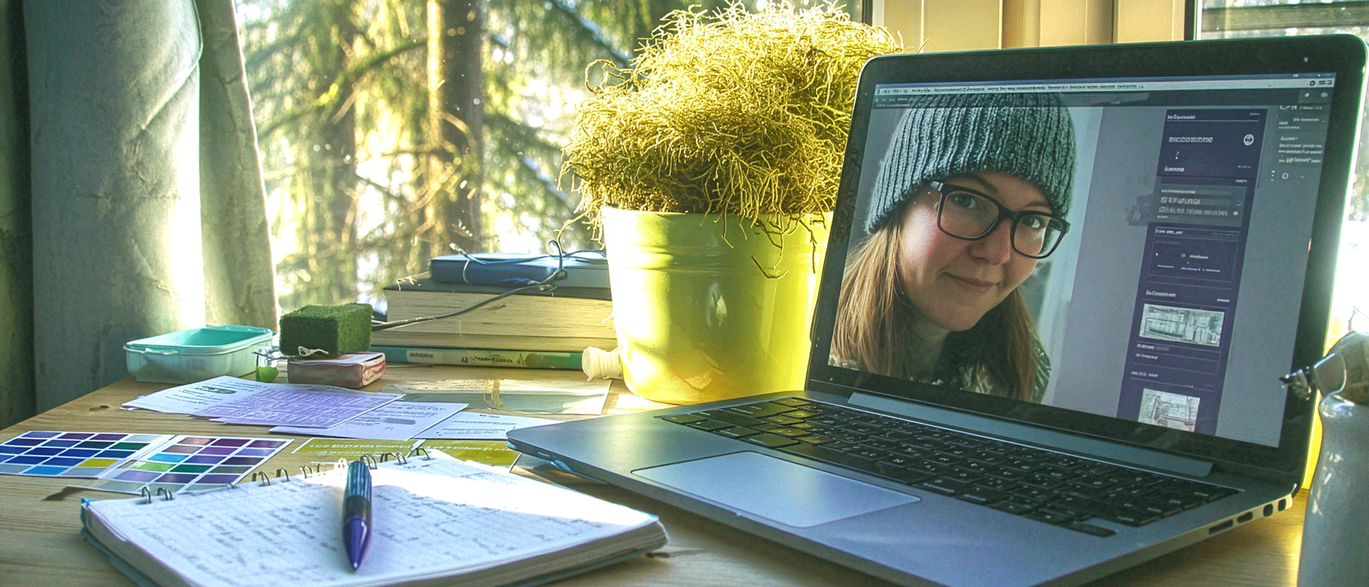 Kannettavan tietokoneen näytöllä on myssypäinen tyttö ja pöydällä lojuu värikarttoja. Taustalla ikkunasta näkyy auringon kultaama kuusimetsä.